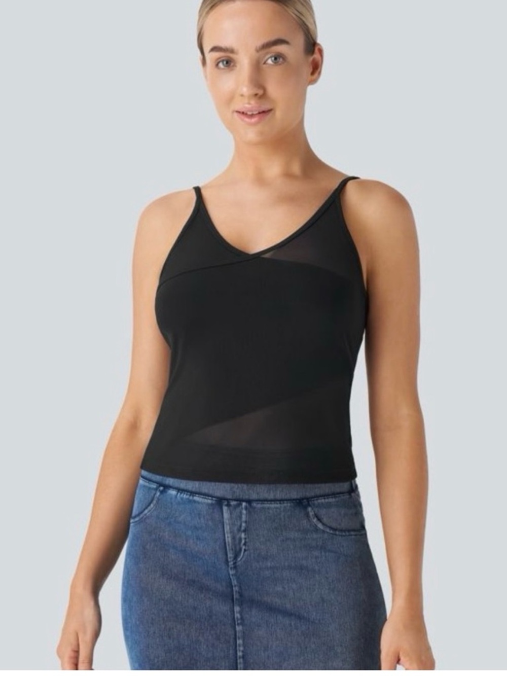 HALARA Black Mesh-Trim V-Neck Cami